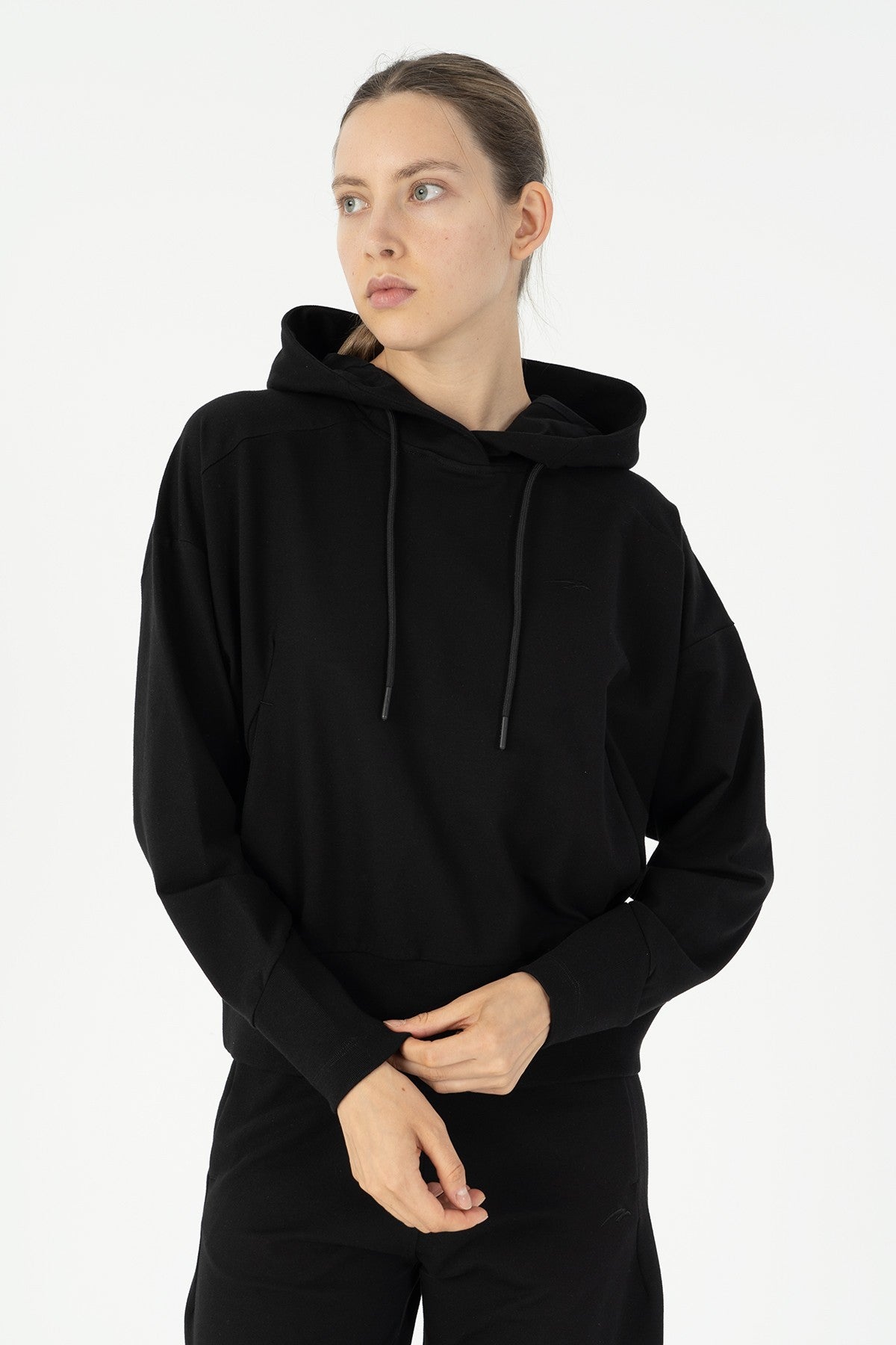 Oversize Kadın Kapüşonlu Siyah Sweatshirt