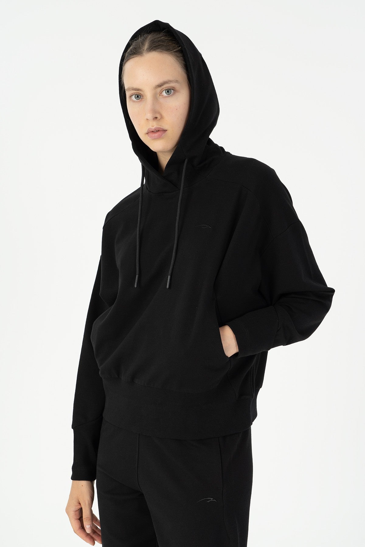 Oversize Kadın Kapüşonlu Siyah Sweatshirt