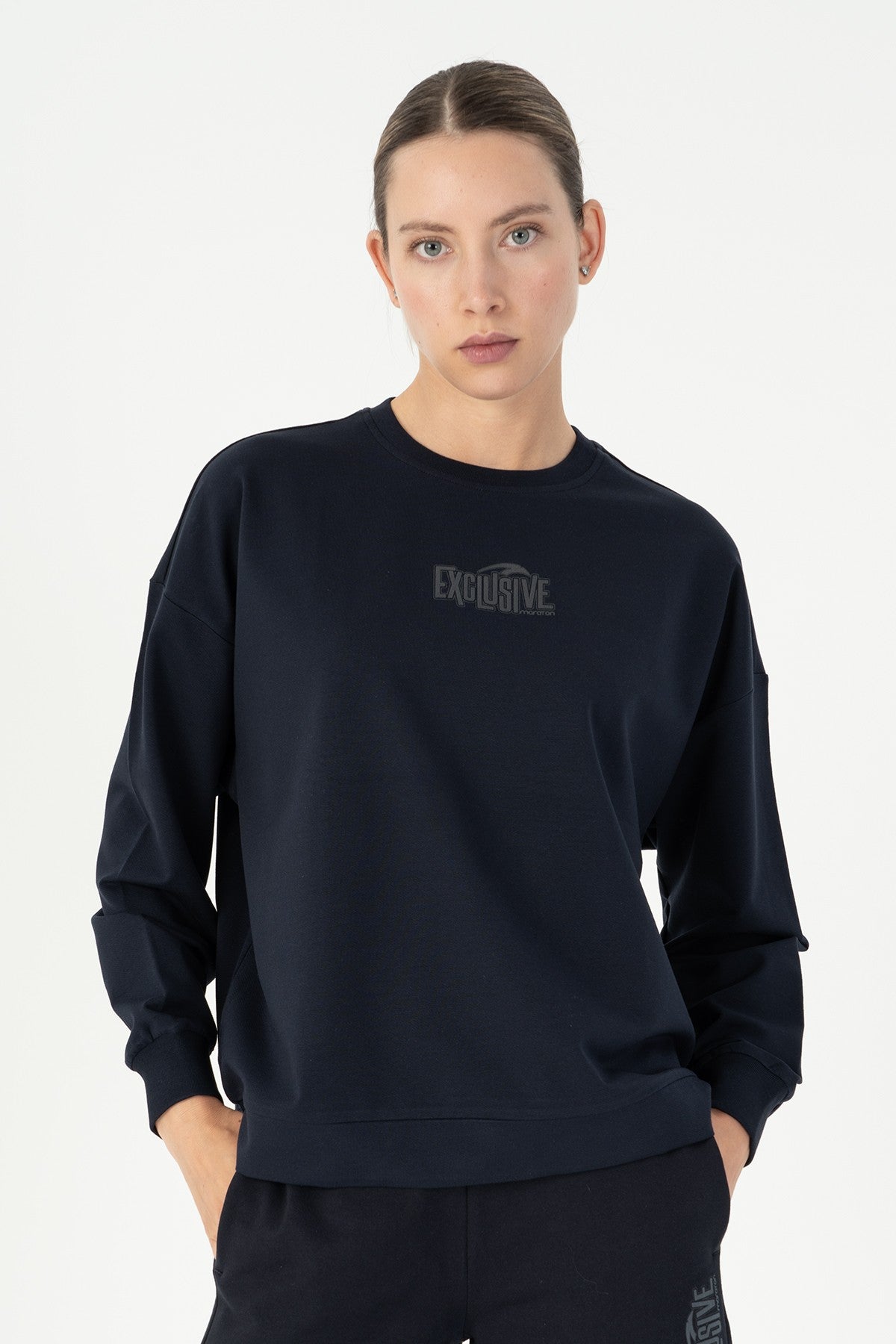 Oversize Kadın Bisiklet Yaka Lacivert Sweatshirt