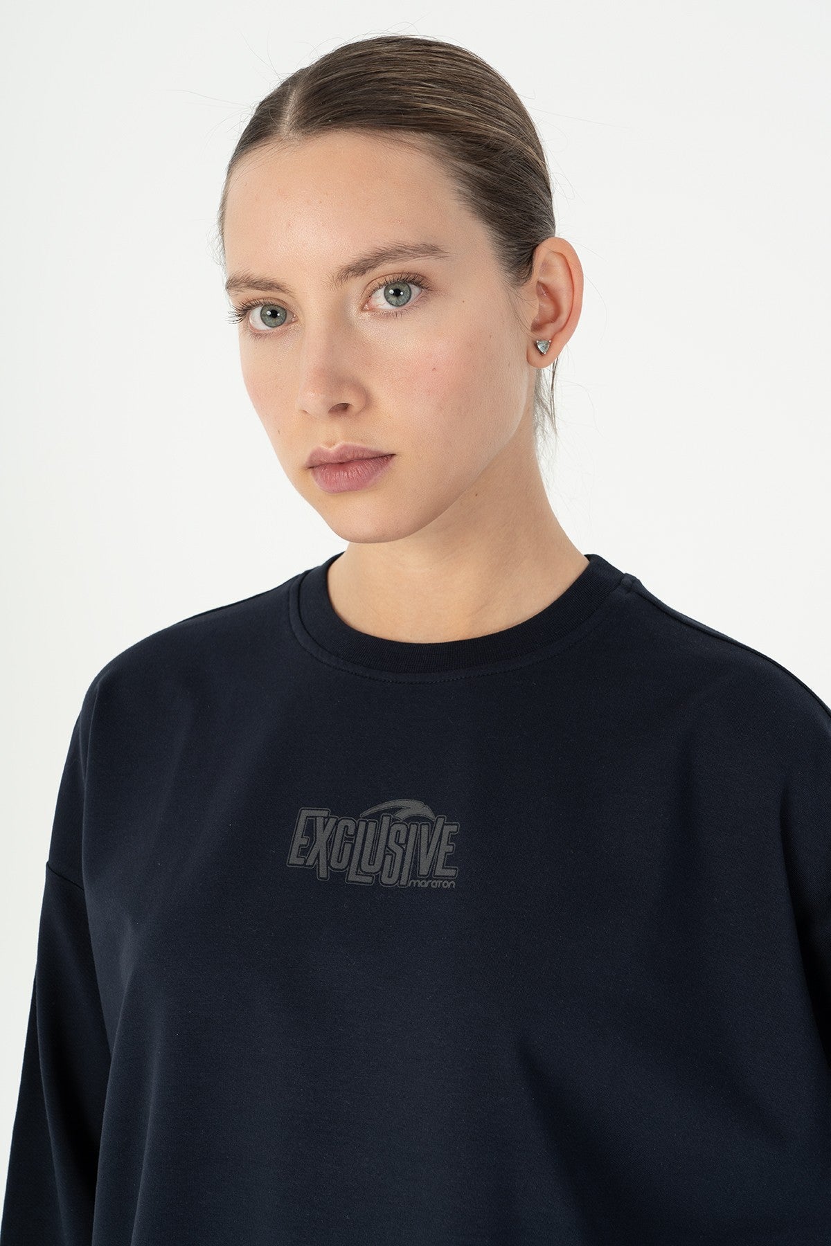 Oversize Kadın Bisiklet Yaka Lacivert Sweatshirt