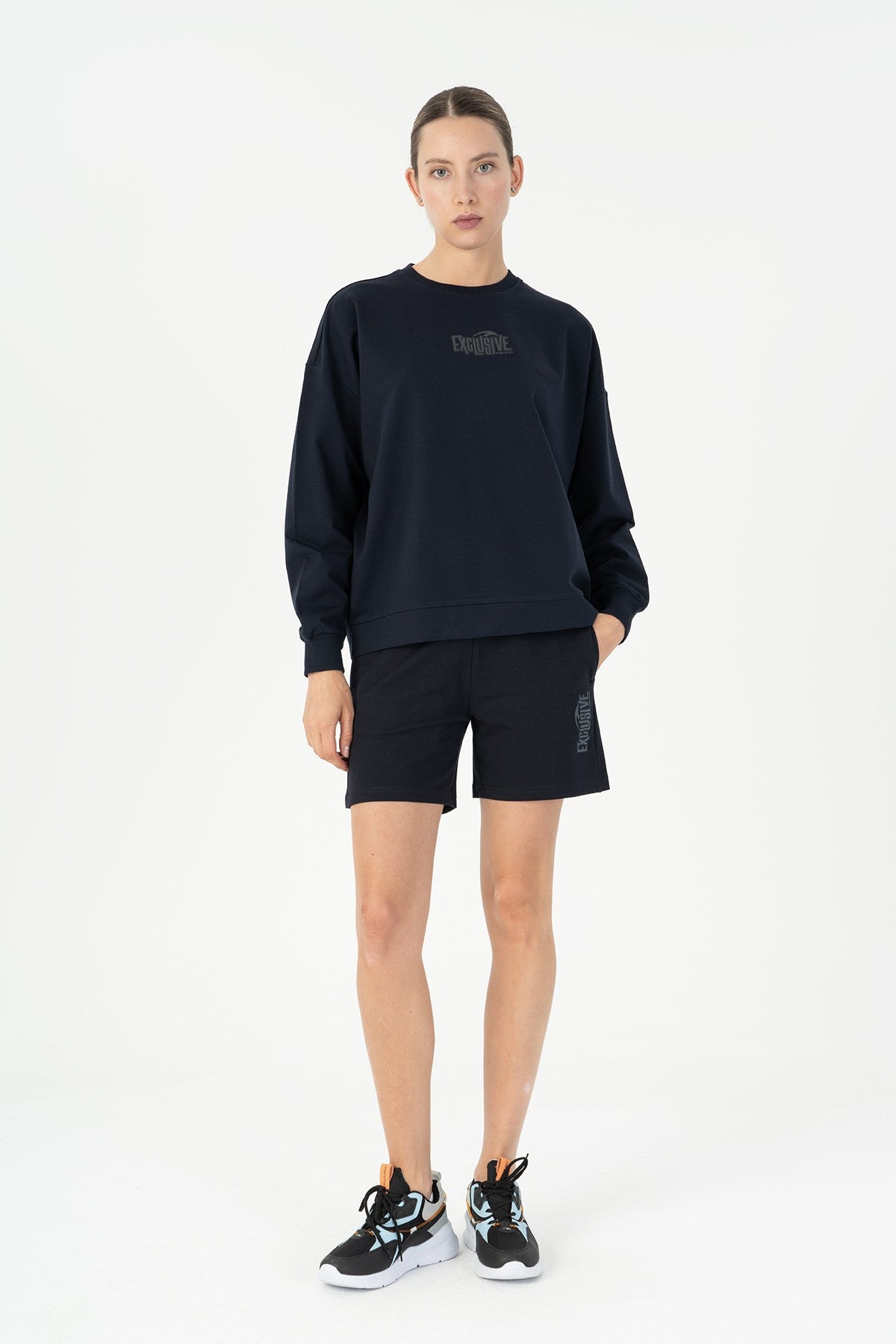 Oversize Kadın Bisiklet Yaka Lacivert Sweatshirt