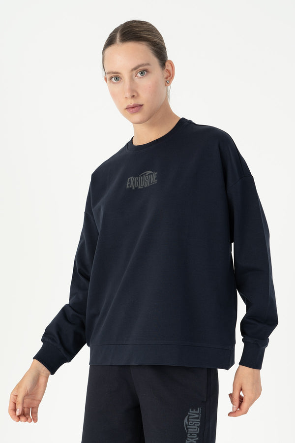 Oversize Kadın Bisiklet Yaka Lacivert Sweatshirt