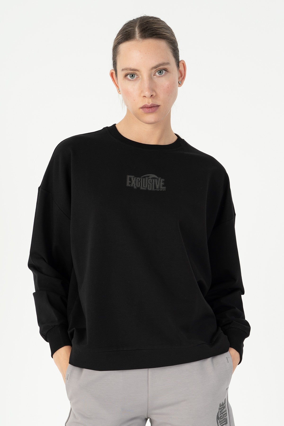 Oversize Kadın Bisiklet Yaka Siyah Sweatshirt