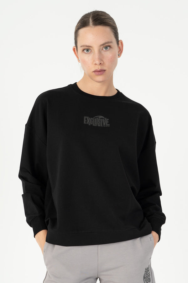 Oversize Kadın Bisiklet Yaka Siyah Sweatshirt