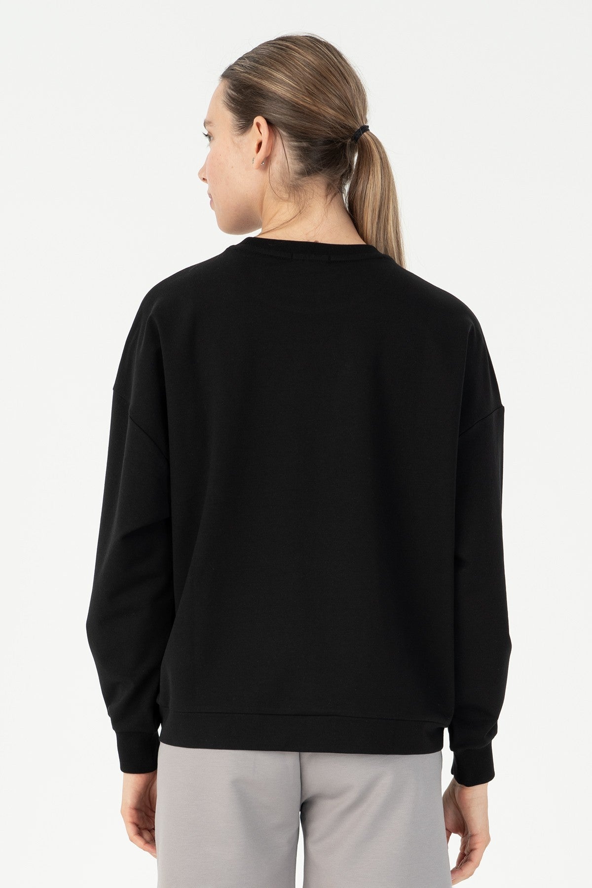 Oversize Kadın Bisiklet Yaka Siyah Sweatshirt