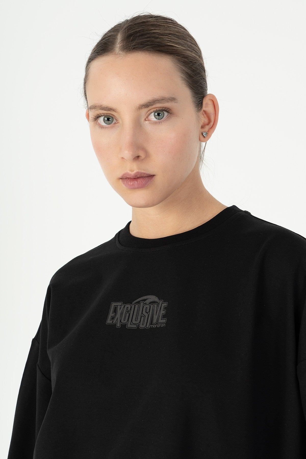 Oversize Kadın Bisiklet Yaka Siyah Sweatshirt