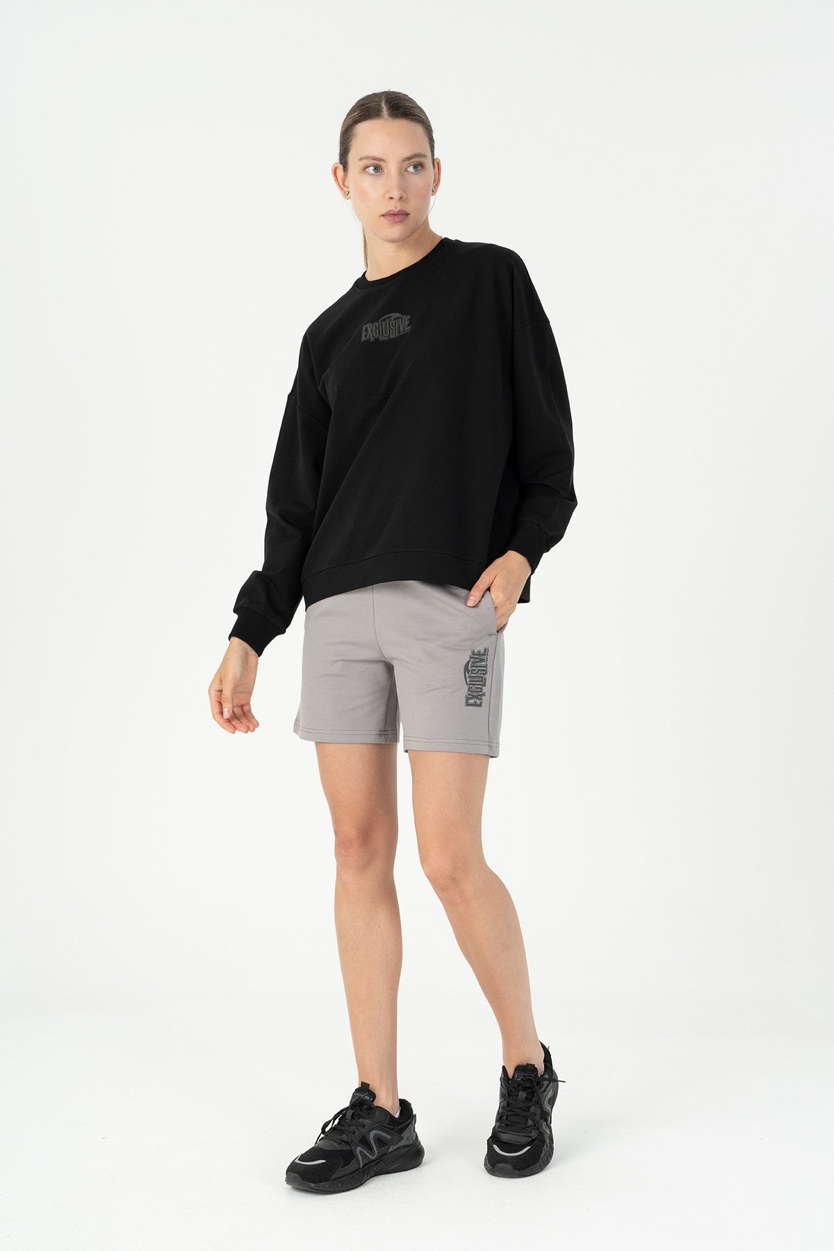 Oversize Kadın Bisiklet Yaka Siyah Sweatshirt
