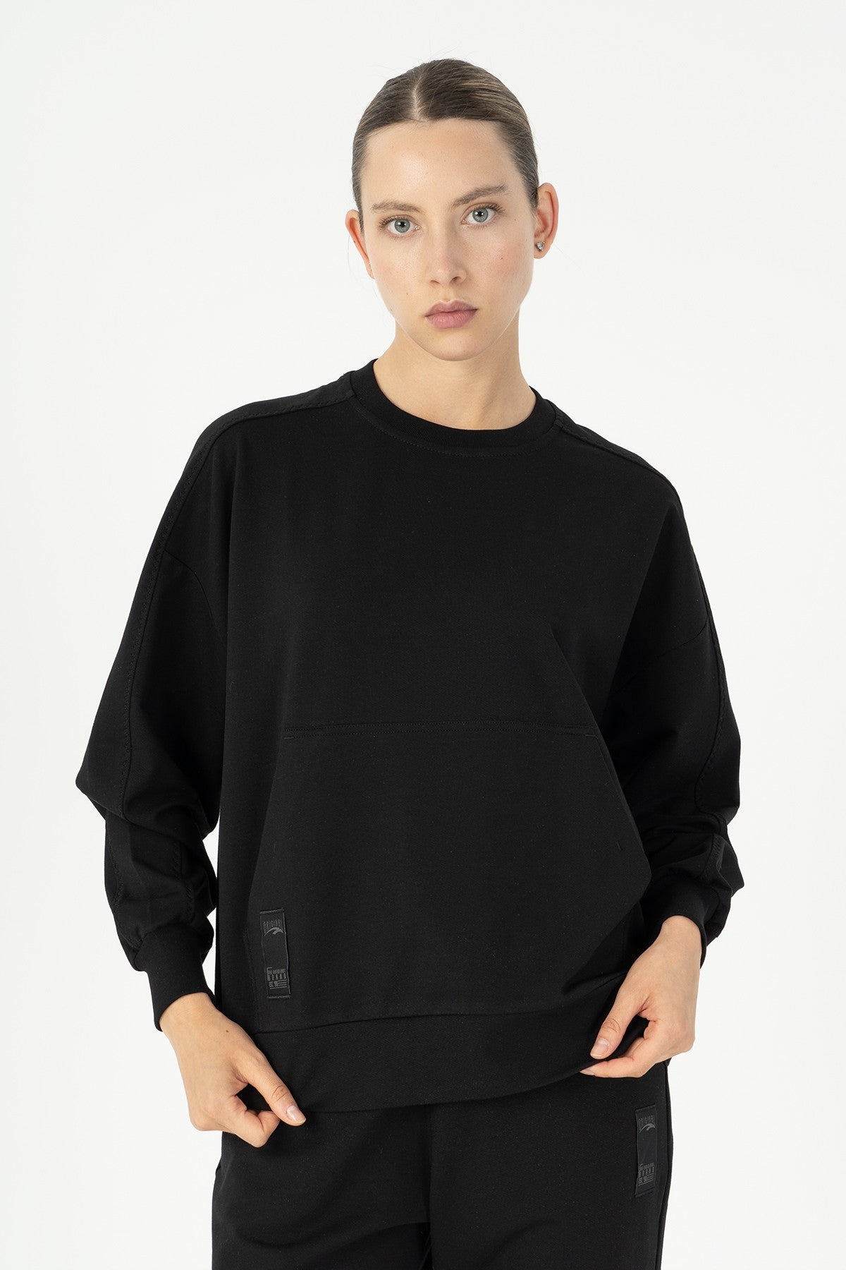 Oversize Kadın Bisiklet Yaka Siyah Sweatshirt