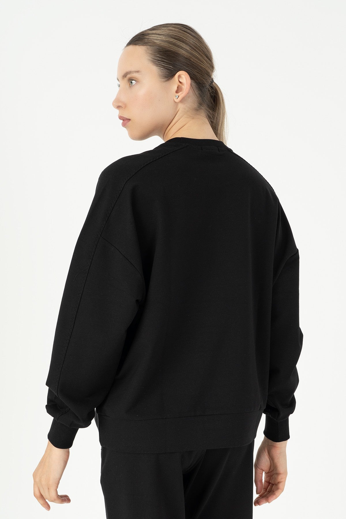 Oversize Kadın Bisiklet Yaka Siyah Sweatshirt