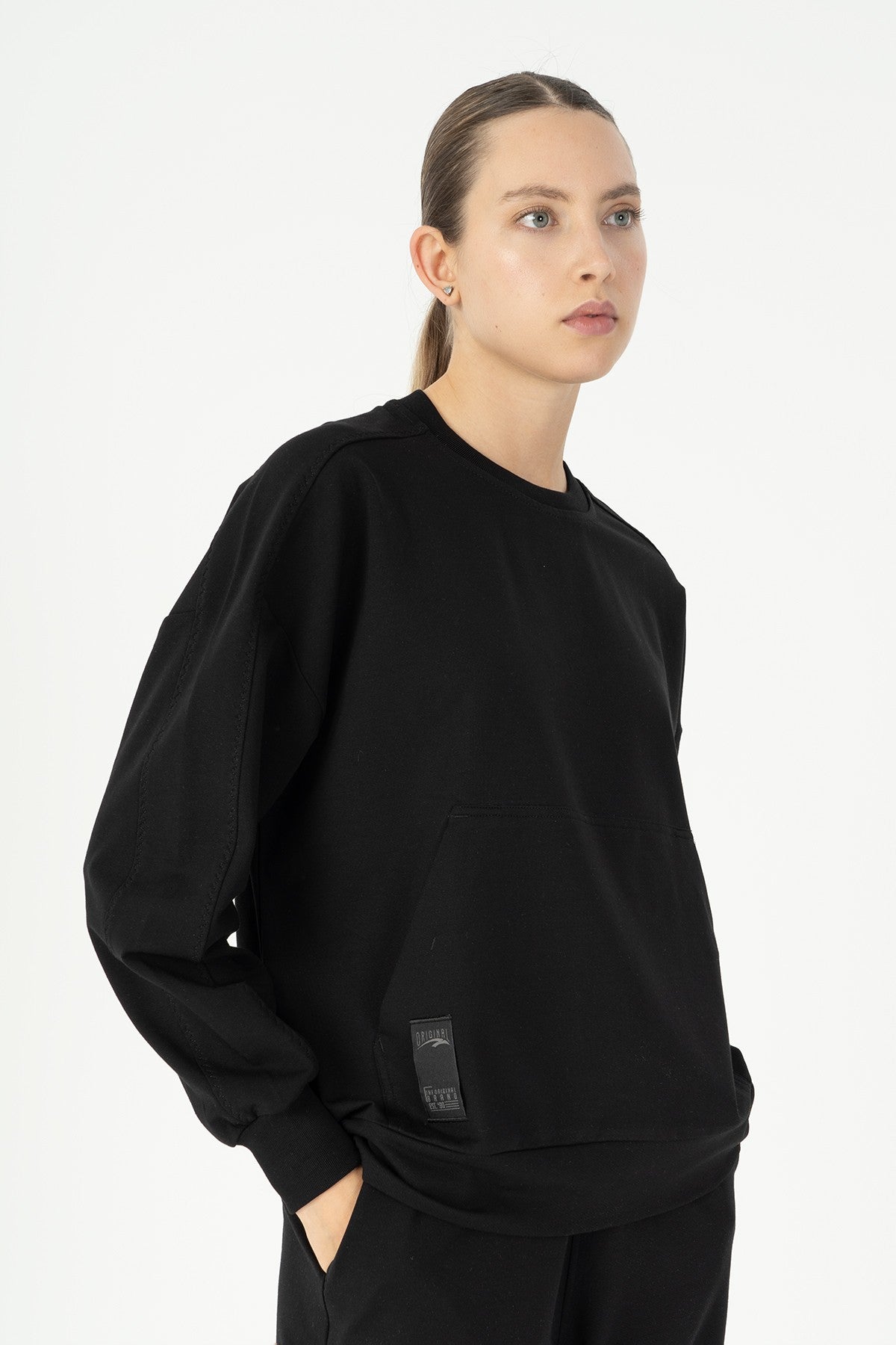 Oversize Kadın Bisiklet Yaka Siyah Sweatshirt
