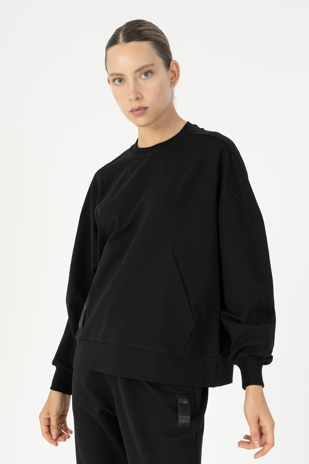 Oversize Kadın Bisiklet Yaka Siyah Sweatshirt