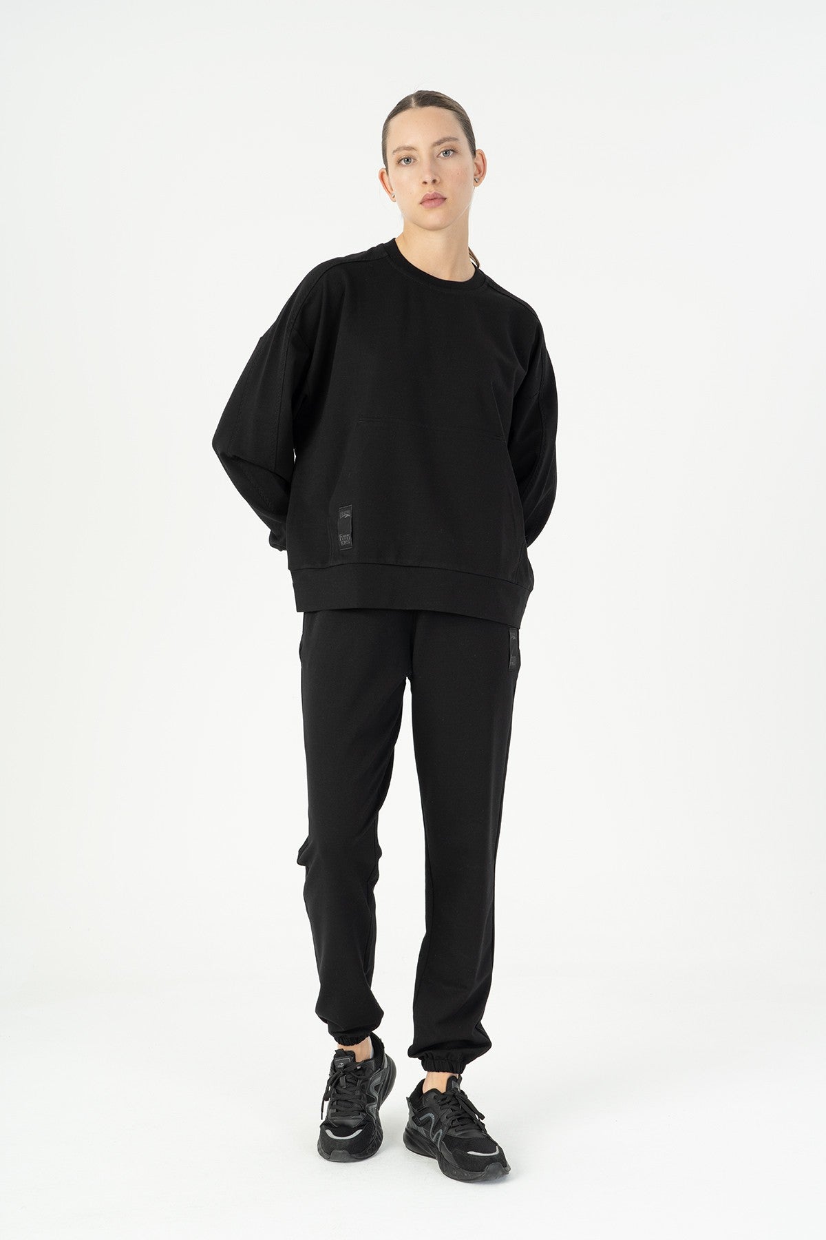 Oversize Kadın Bisiklet Yaka Siyah Sweatshirt