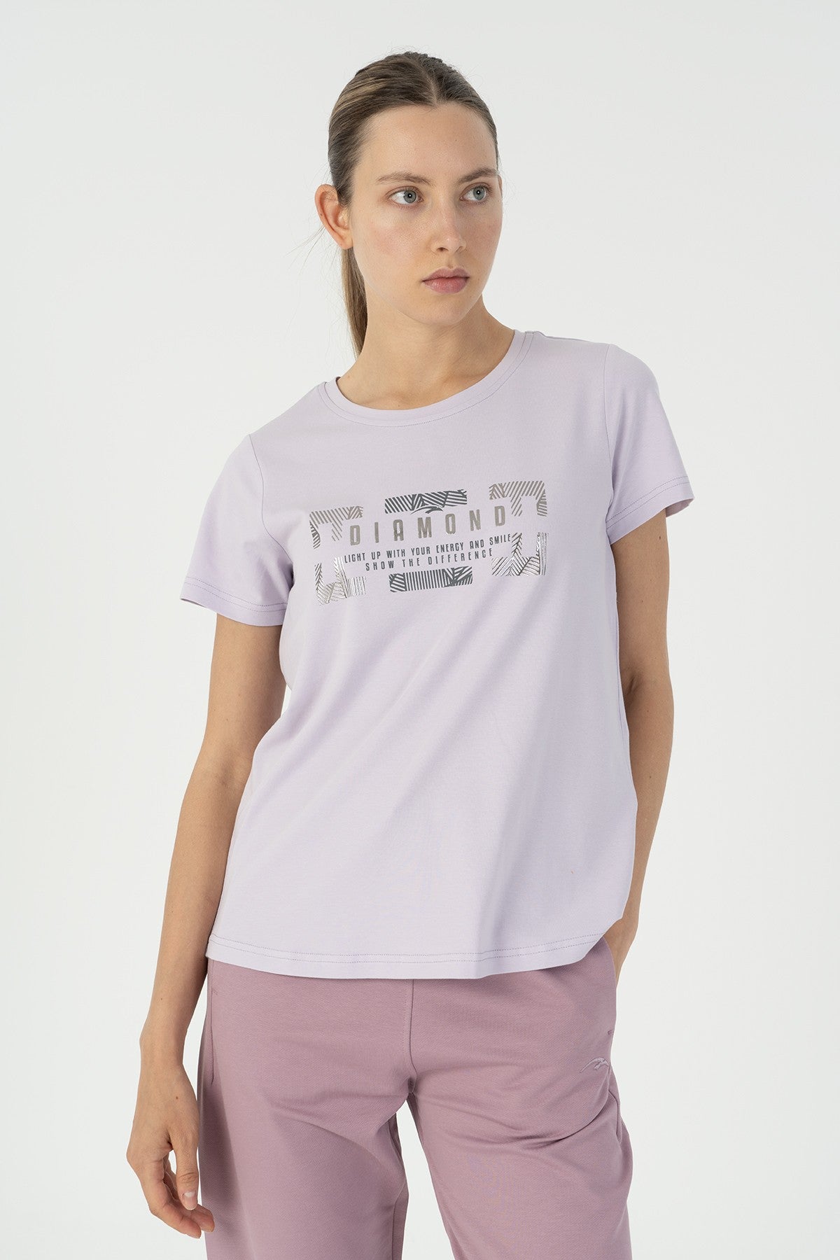 Regular Kadın Bisiklet Yaka Mor T-shirt