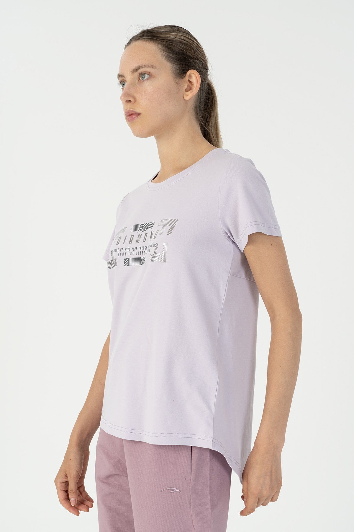 Regular Kadın Bisiklet Yaka Mor T-shirt