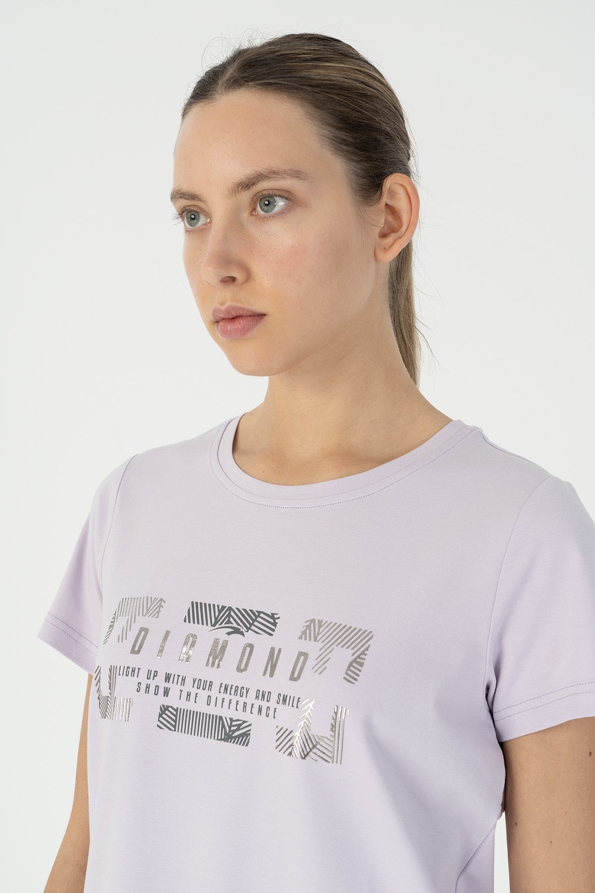 Regular Kadın Bisiklet Yaka Mor T-shirt