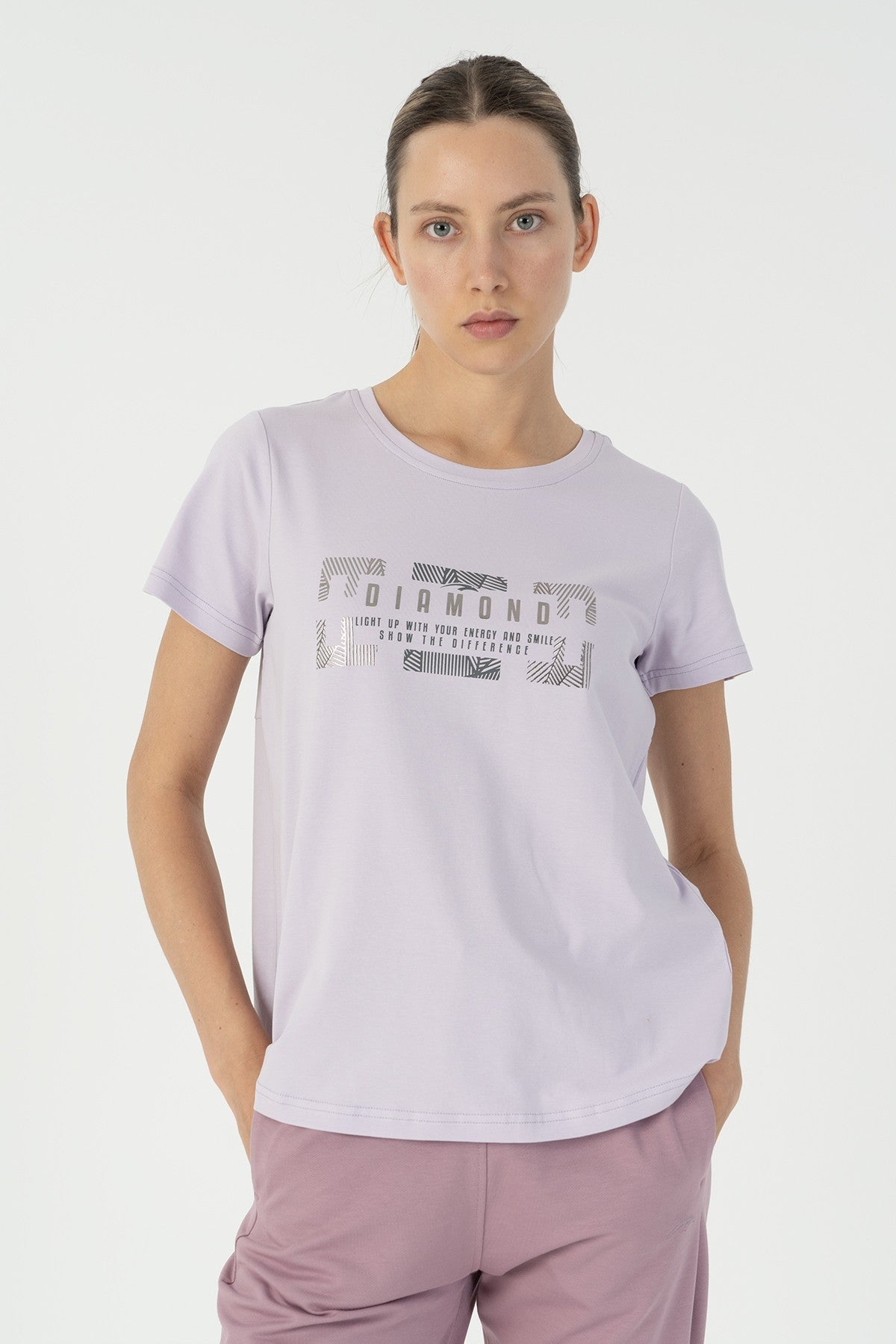 Regular Kadın Bisiklet Yaka Mor T-shirt