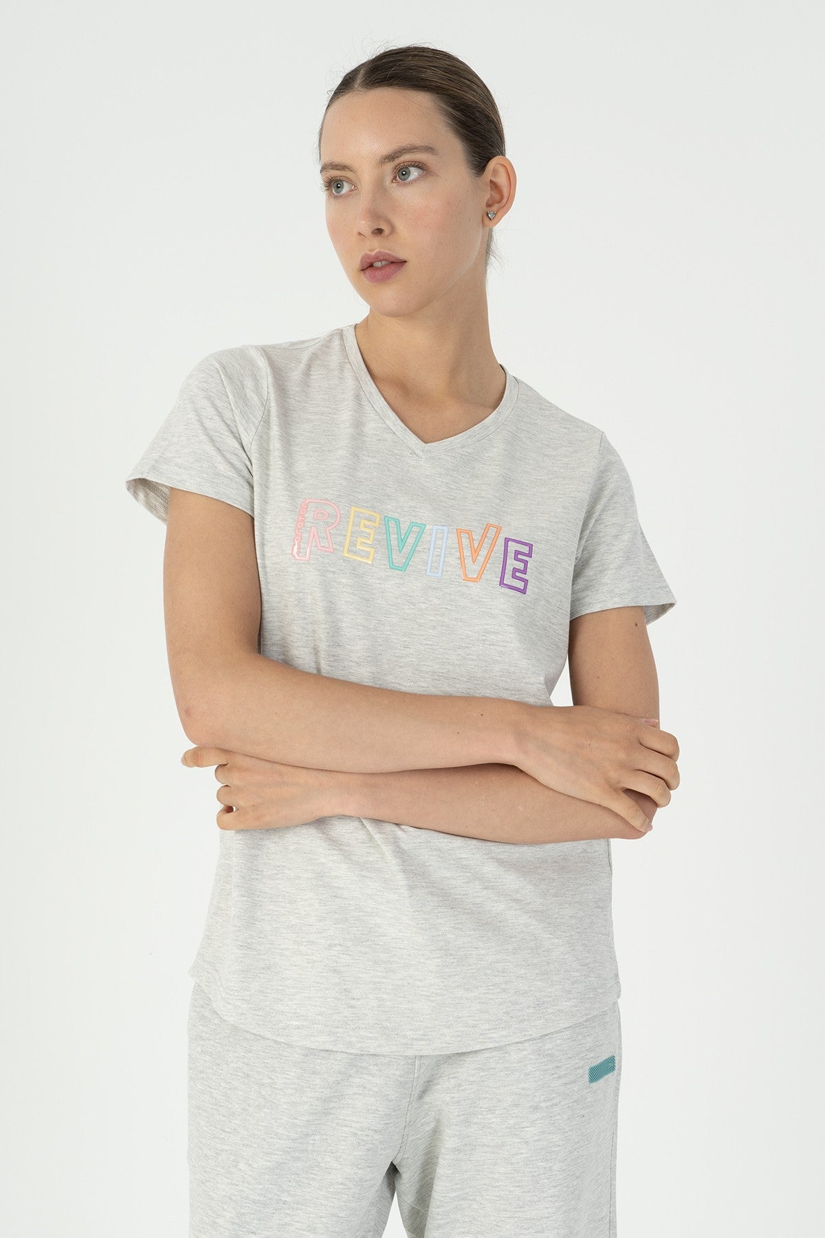 Regular Kadın V Yaka Ekrumelanj T-shirt