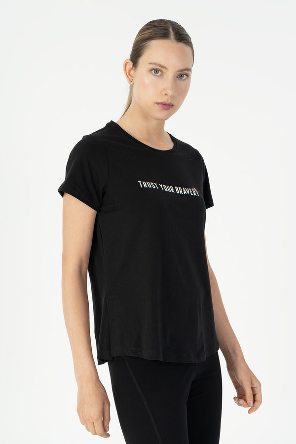 Regular Kadın Bisiklet Yaka Siyah T-shirt