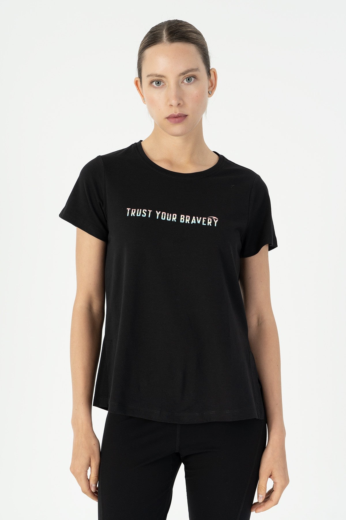 Regular Kadın Bisiklet Yaka Siyah T-shirt