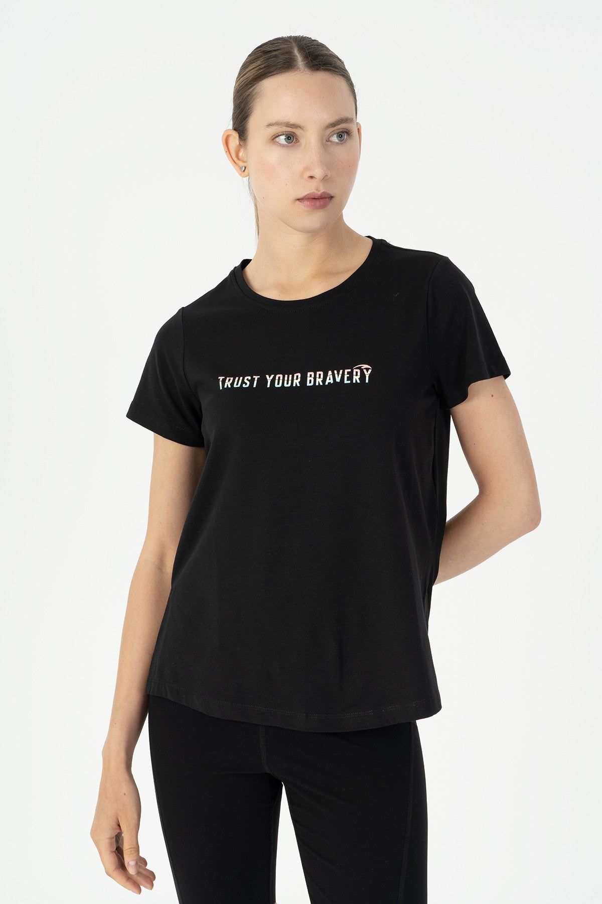 Regular Kadın Bisiklet Yaka Siyah T-shirt