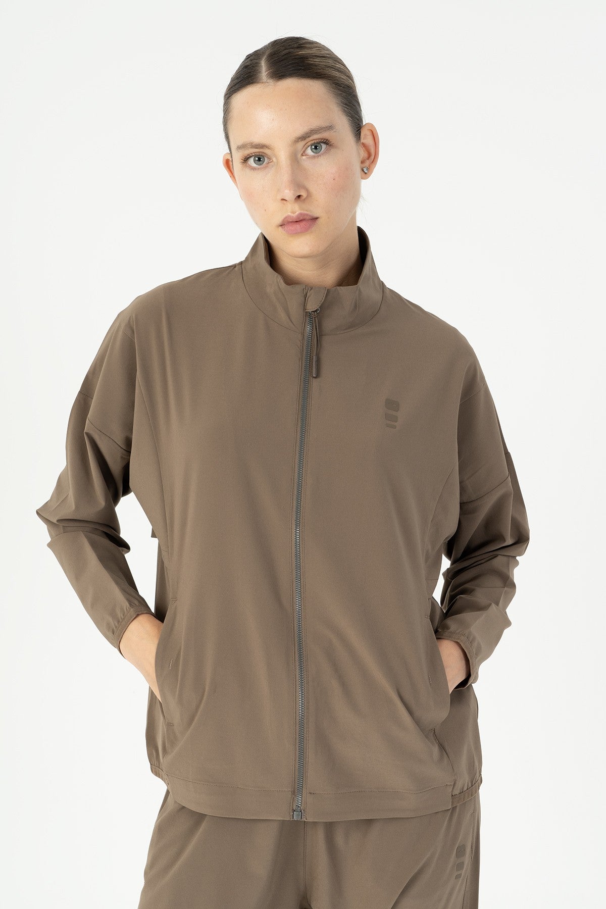 Comfort Kadın Dik Yaka Kahverengi Tracktop