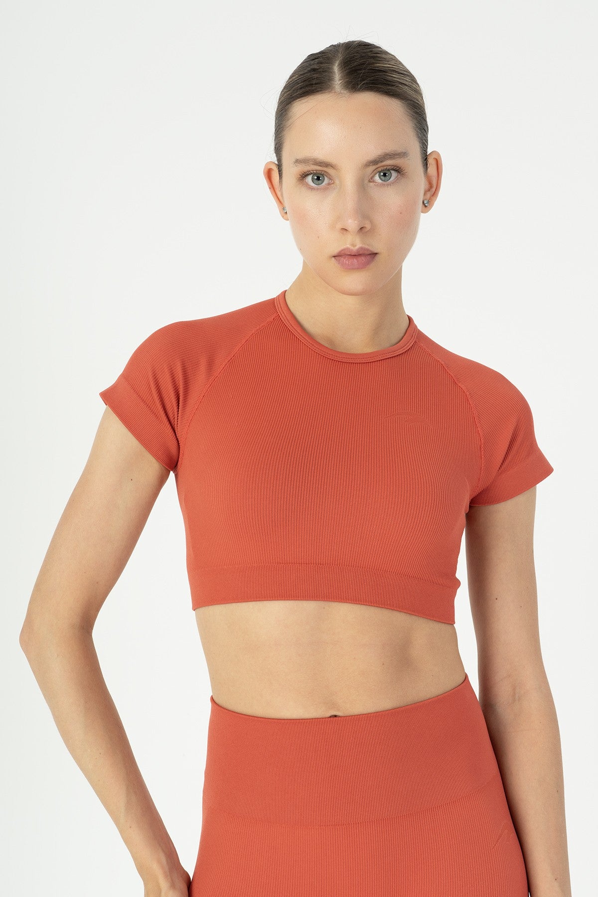 SlimFit Kadın Bisiklet Yaka Kiremit Crop Top