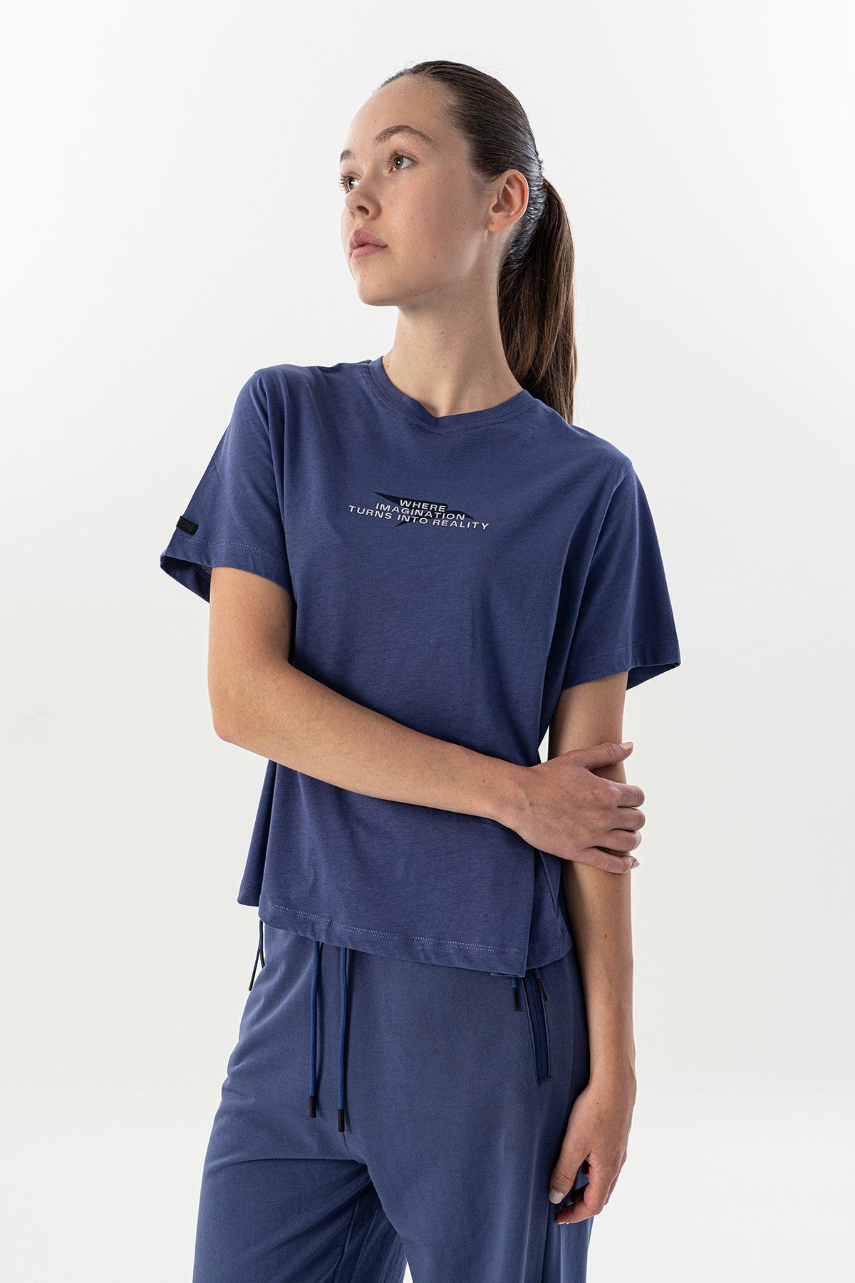 New Basic Kadın Bisiklet Yaka Mor T-shirt