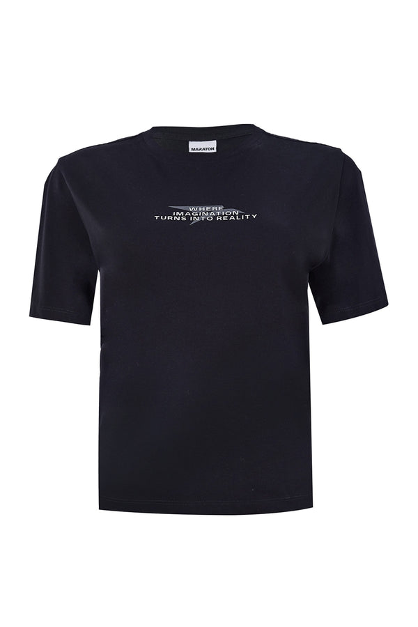New Basic Kadın Bisiklet Yaka Siyah T-shirt