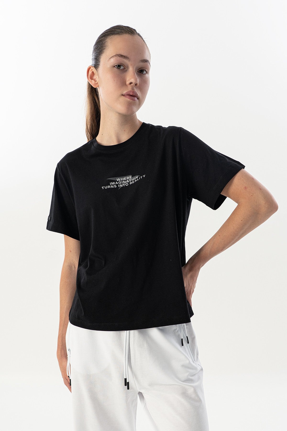 New Basic Kadın Bisiklet Yaka Siyah T-shirt