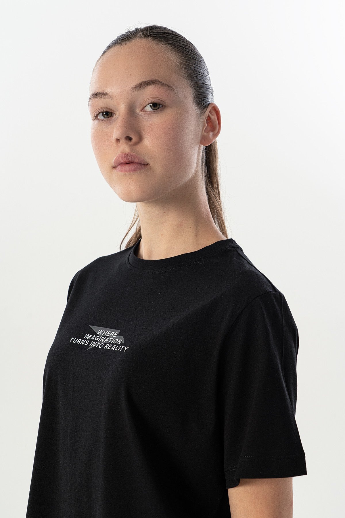New Basic Kadın Bisiklet Yaka Siyah T-shirt