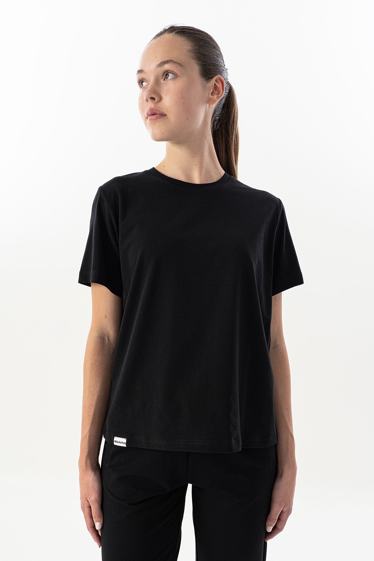 New Basic Kadın Bisiklet Yaka Siyah T-shirt