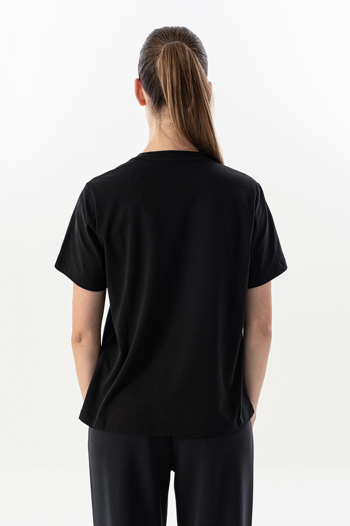 New Basic Kadın Bisiklet Yaka Siyah T-shirt