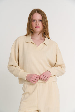 Kadın Polo Yaka Ekru Sweatshirt